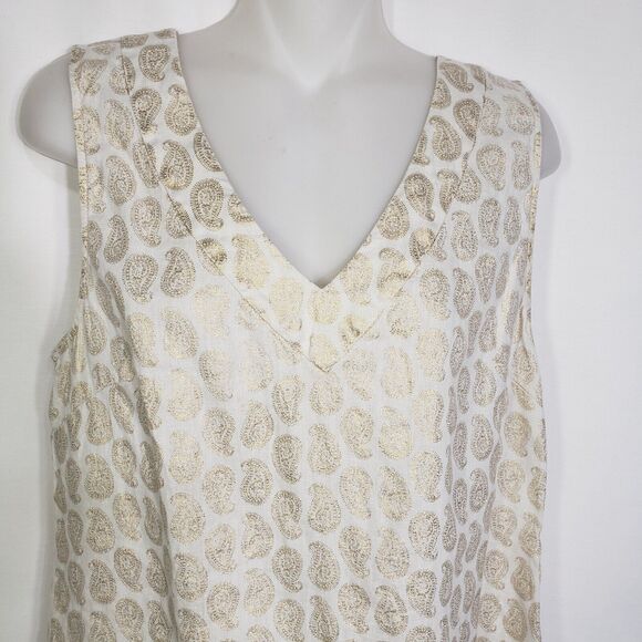St. Tropez West Womens Tank Top Medium 100% Linen V Neck Ivory Gold Paisley - Picture 3 of 8